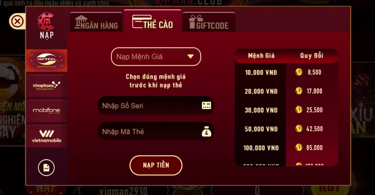 Nạp rút nhanh chóng đa kênh tại cổng game Manclub.