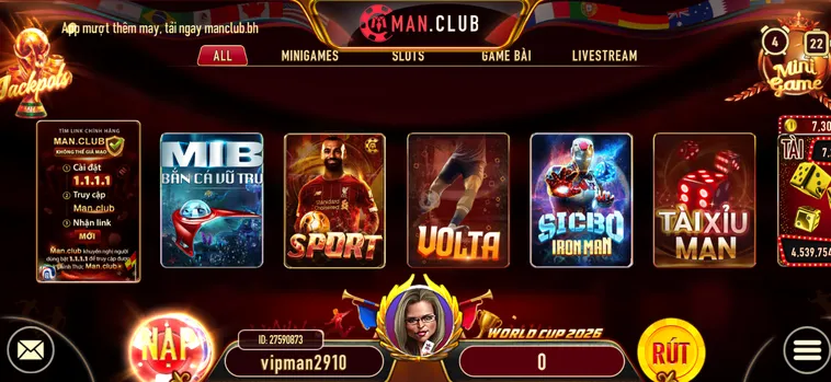 Sảnh game Manclub đa dạng thể loại hình thức.